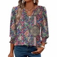 thumbnail image 4 of Ruimatai Women's Casual V-Neck Ruffle Blouse Quarter Sleeve Printed Tops Comfortable Flowy Loose Fit Summer Beach Shirt S-2XL, 4 of 7