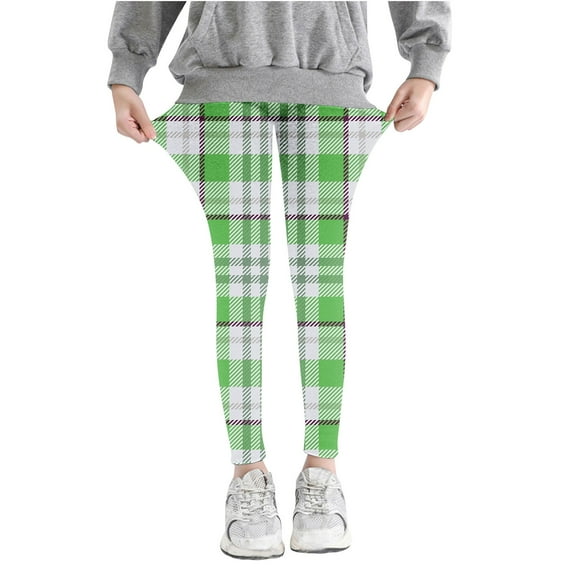 Odeerbi Kids Girls Leggings Plaid Stretchy Tights Pants Lattice Printed Pants High Waist Stretchy Soft Tights Kids Summer School Wearing Green