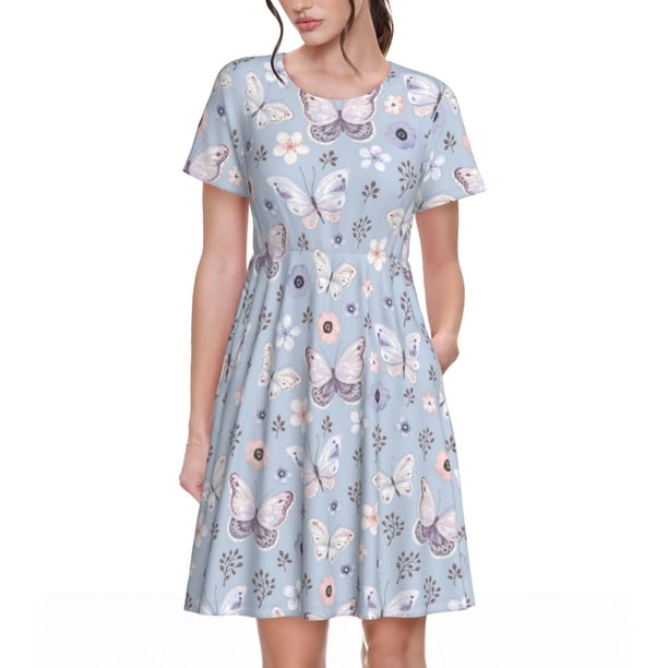 Easygdp Blue Butterfly para Vestido Transpirable de Mujer, Vestido Suelto de Manga Corta con Pliegues y Bolsillos para el Verano