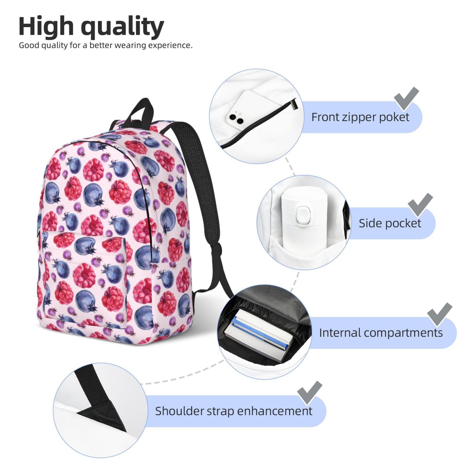 Travel Laptop Backpack - Blueberries berry pattern Lightweight Canvas Backpack, Wear Resistant Computer Backpack Bag Fit {sizeName} Laptop for Men Women with Adjustable Padded Shoulder Straps
