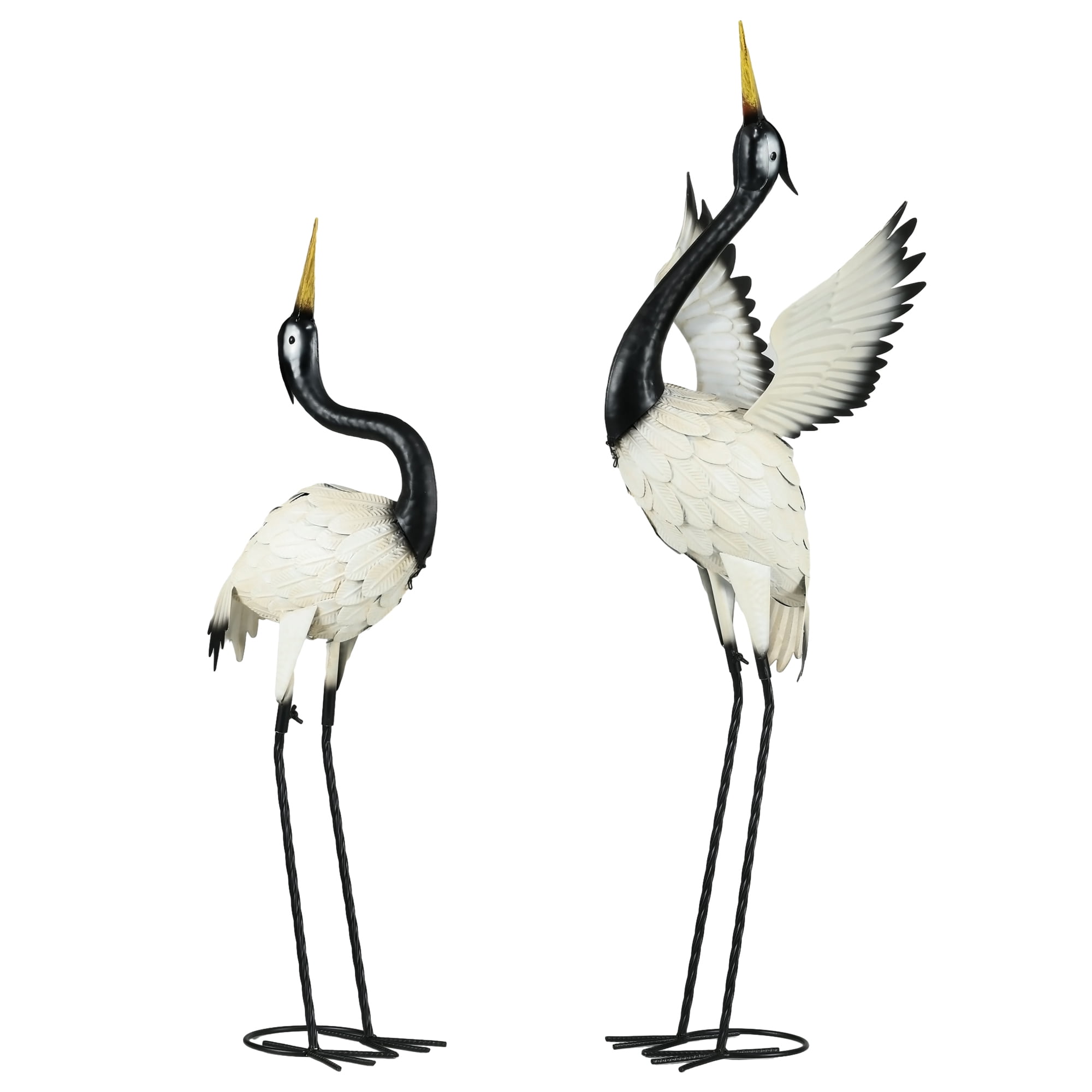 Outsunny Heron Garden Statues, 35.5" & 40.5" Standing Bird Sculptures, Metal Yard Art Decor, Landscape Decoration Set of 2, White & Black