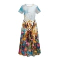 thumbnail image 5 of Uourmeti Girls Dress with Highland Cow Oil Painting Print Short Sleeve Round Neck Casual Maxi Dresses with Pockets Summer Long Sundress for Kids, Size 11-12 Years, 5 of 7