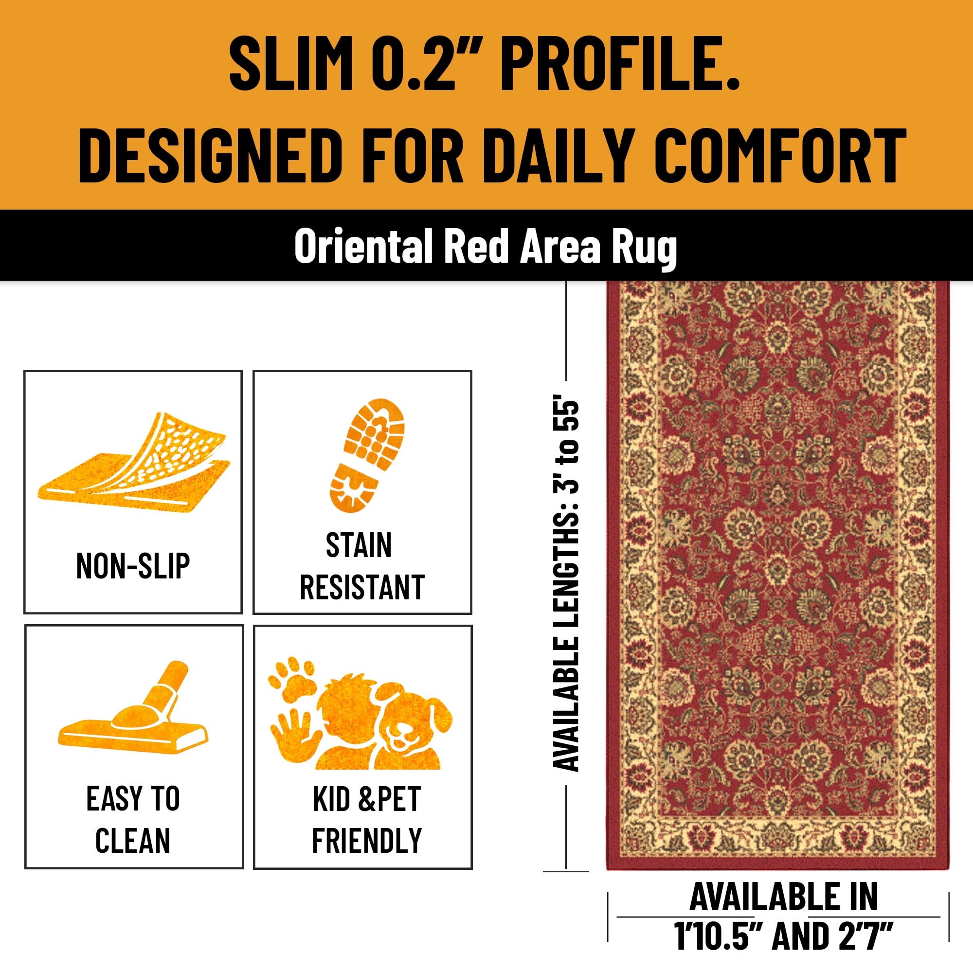 Ottomanson Hallway Runner Rug 1'10.5" x 7' – Non-Slip Low Pile Carpet for High Traffic Areas, Oriental Red