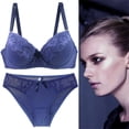 thumbnail image 2 of FUNUONY Women's Underwire Lace Bras Pu Sh Up Bra and Bikini Pan Ties Sets Push Up Bra and Panty Sets for Women Underwear Sets for Women Full Coverage Bra Blue 95B, 2 of 4