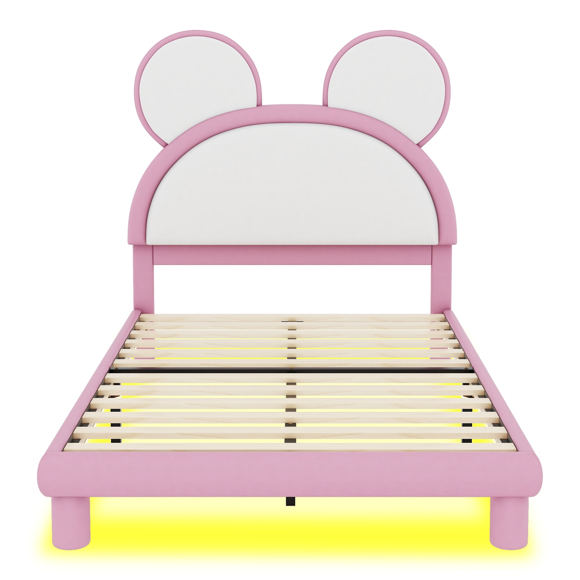 EUROCO Upholstered Full Size Platform Bed with LED Light, PU Leather Cartoon Bed for Kids Teens, Pink