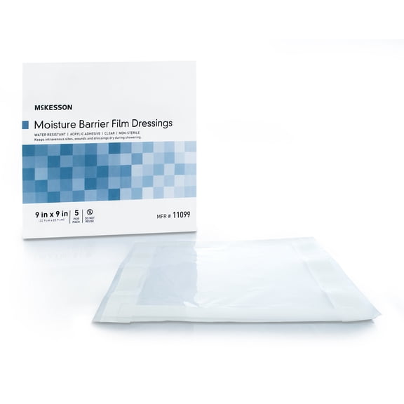 McKesson Moisture Barrier Film Dressings, Adhesive - Medium, 9 in x 9 in, 5 Count, 140 Packs, 700 Total