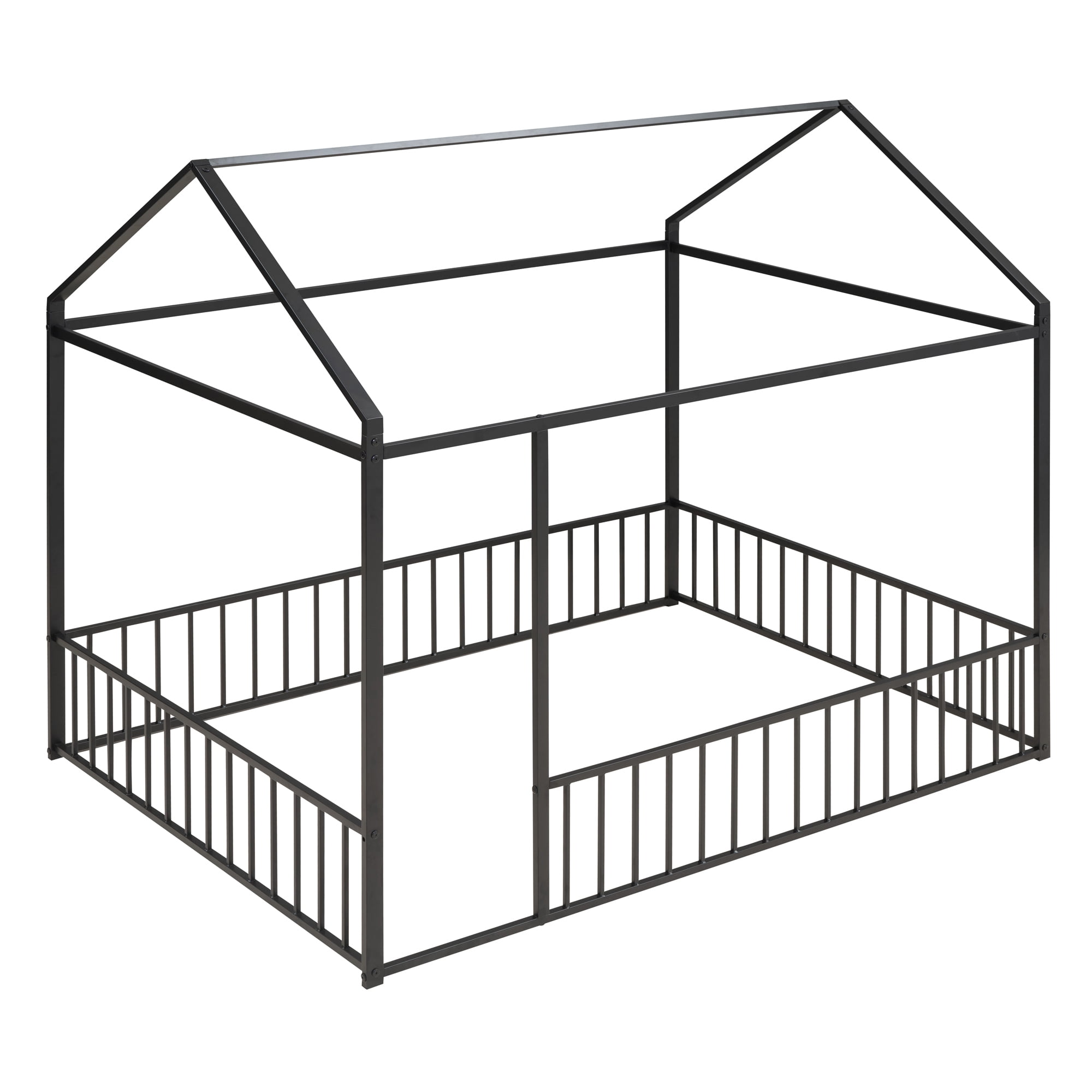 Full Size Montessori Floor Bed, Metal House Bed Frame for Kids, Kids Floor Beds with Fence Guardrails, Playhouse Bed for Kids Boys Girls