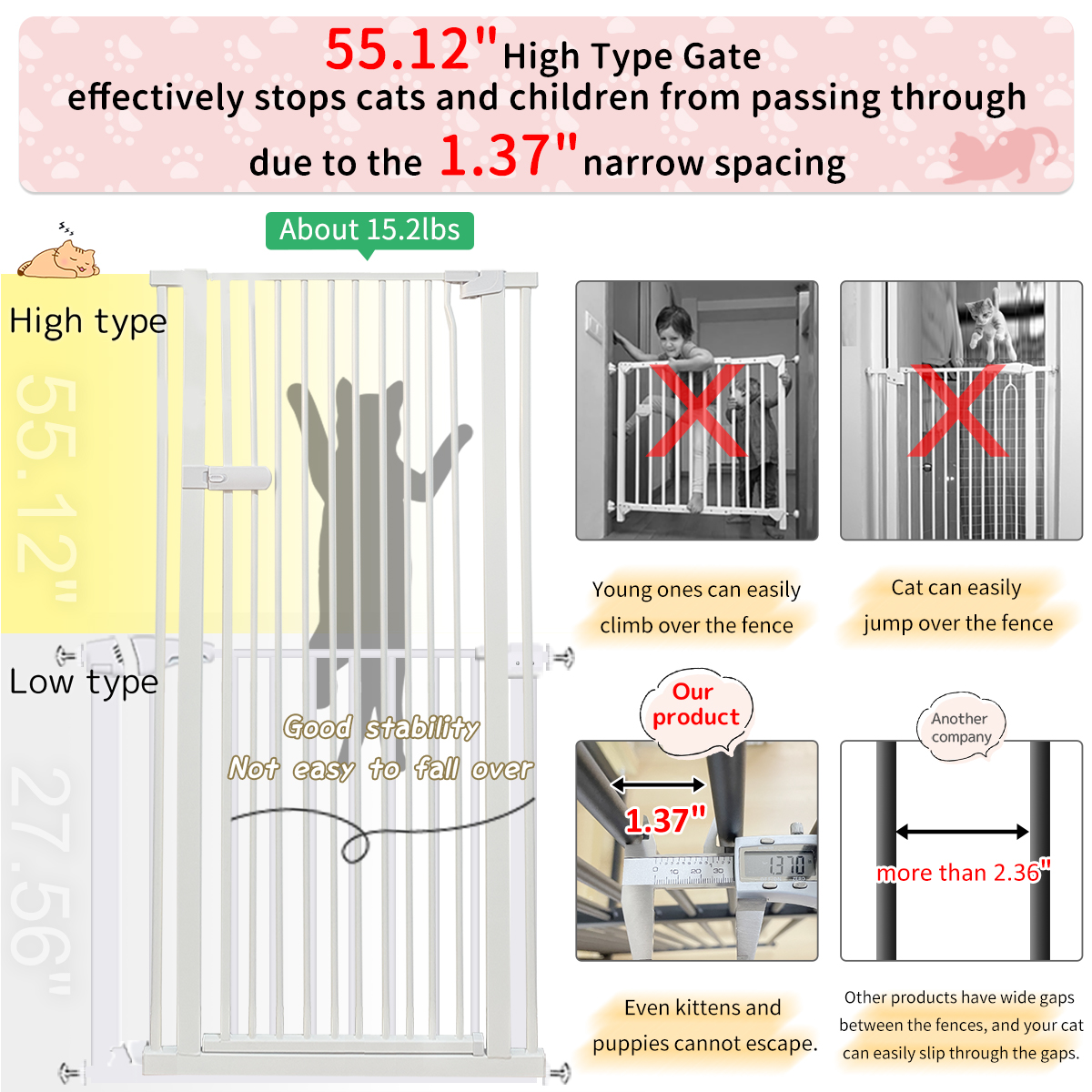 Lumizone Extra Tall Cat Gate 55.12" High Pressure Mounted White 29.92"-34.24" Extra Wide 2025 New (10 Sizes) 1.37" Gap No Drilling Auto-Close One-Handed Operation Tall Pet Gate for Dogs