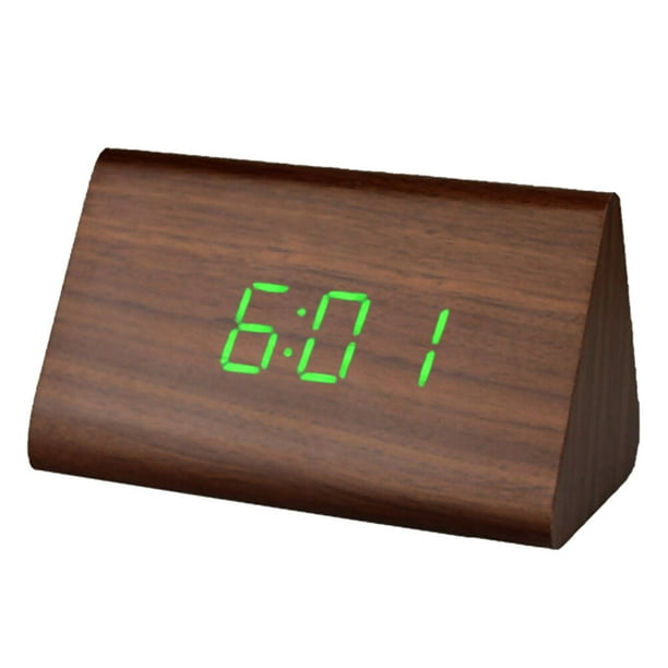 Triángulo moderno LED Reloj despertador de madera Clásico Termómetro de reloj de escritorio de control de sonido digital (Madera marrón y luz verde)