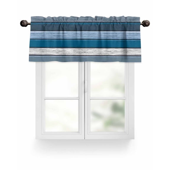 Coastal Style Valances for Windows Retro Blue Grey Stripes Wood Grain Valance Rod Pocket Light Filtering Short Window Treatments Curtains for Kitchen Bathroom Living Room Bedroom, 42 x 12 Inch