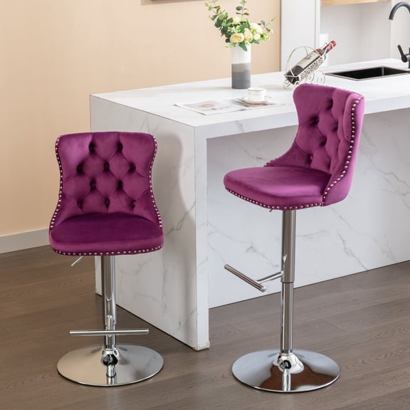 Set of 2 Purple Velvet Bar Stools with Adjustable Height (25-33"), Tufted Back Swivel Stools with Chrome Base for Kitchen Island & Home Bar