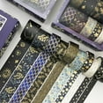 thumbnail image 5 of Juego de 10 rollos de cinta adhesiva Washi negra con lámina de patrón dorado plateado, suministros de diario decorativos estéticos de luna y estrella para planificador, Bujo, proyectos artísticos, 5 of 5