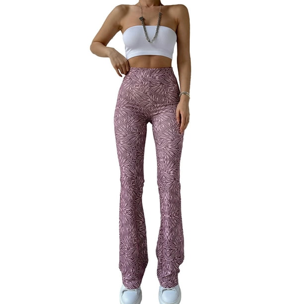 VISgogo Mujer Moda Flare Pantalones Largos, Vintage Estampado Cintura Alta Delgado Micro Campana Pantalones VISgogo moda