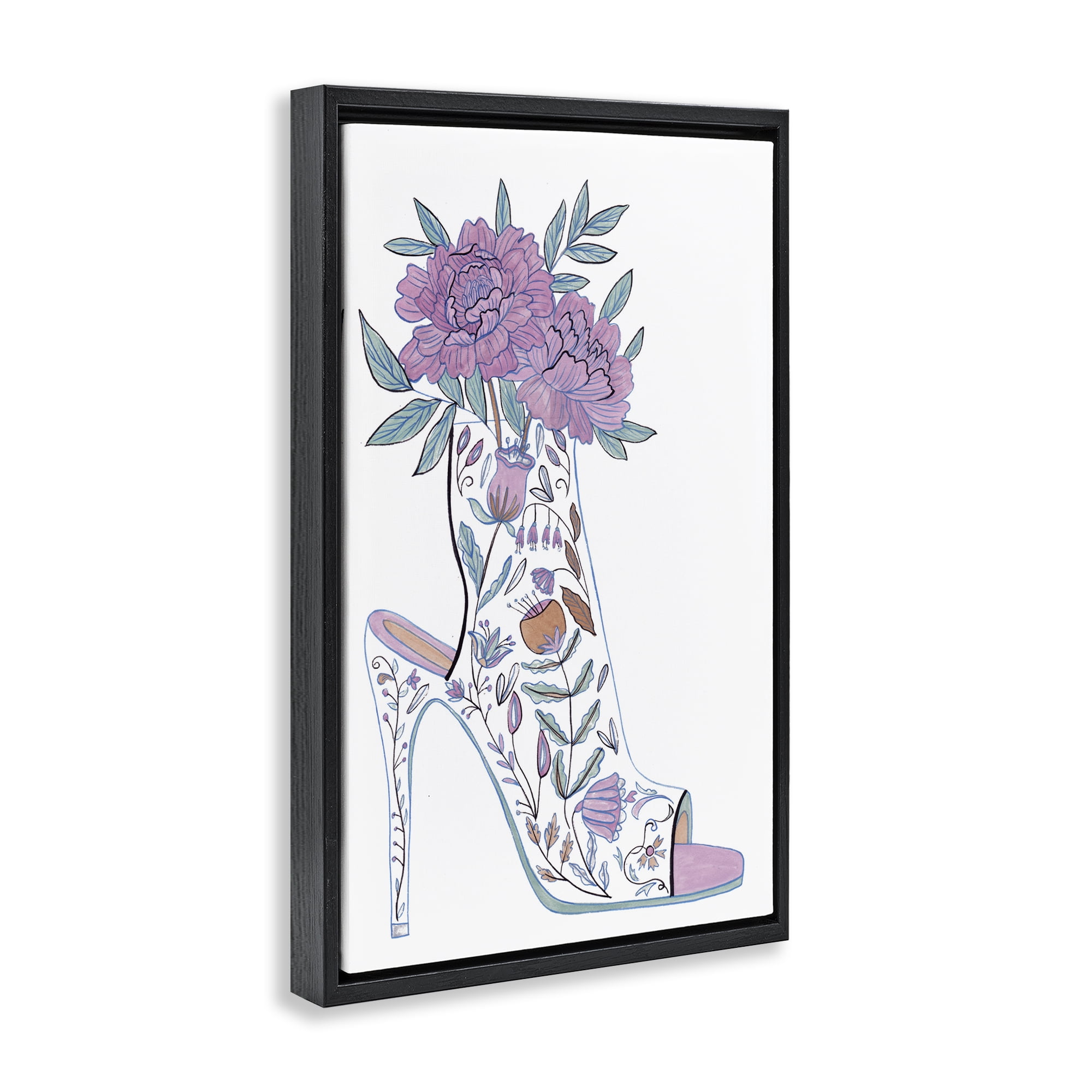 Stupell Industries Shoe with Bouquet Botanical & Floral Painting Black Floater Framed Art Print Wall Art, 17 x 25