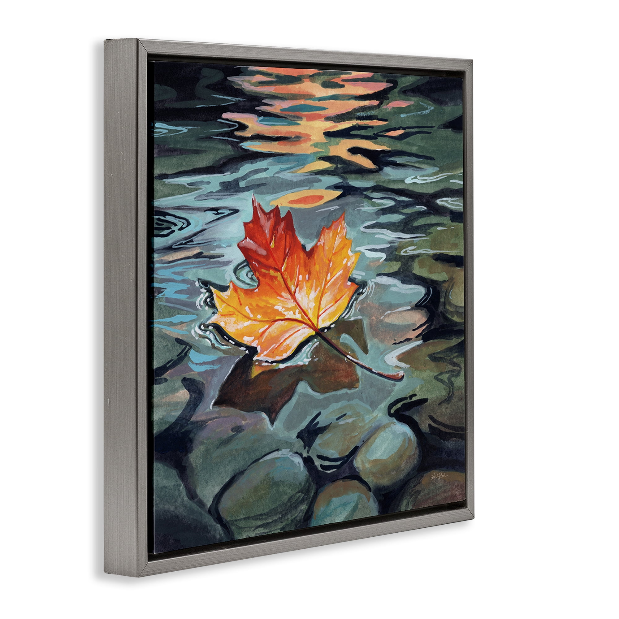 Stupell Industries Maple Leaf Floating in Stream Gray Framed Floater Canvas Wall Art, design by Kate Jarvik Birch