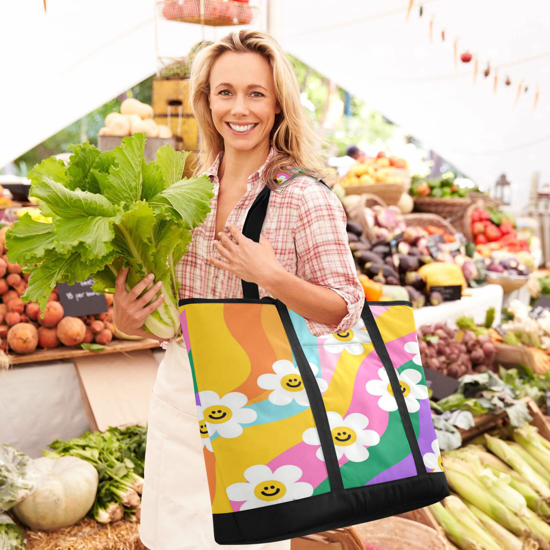 Extra-Large Wide Opening Design Capacity Hand-Held Ice Pack Thickened Insulation Layer For Long-Lasting Cold Retention For Outdoor Shopping Picnics And Camping Smiley Daisy on Rainbow Background