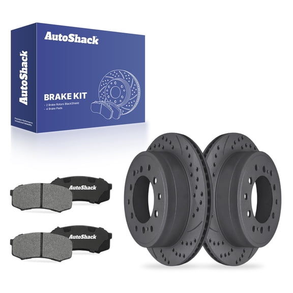 AutoShack Rear Vented Drilled & Slotted Coated Brake Rotors Black Matte Finish   Ceramic Pads 6-PC Brake Kit Replacement for 2010-2024 Toyota 4Runner 2010-2023 Lexus GX460 BlackShield 12.28" (312 mm)