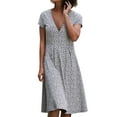 thumbnail image 1 of UKAP Robe Midi à Manches Courtes à Fleurs pour Femmes, Tunique Évasée à Col en V pour Dames, Robe d'Été de Plage, 1 of 2