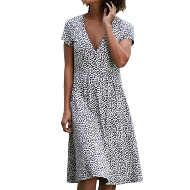 UKAP Robe Midi à Manches Courtes à Fleurs pour Femmes, Tunique Évasée à Col en V pour Dames, Robe d'Été de Plage
