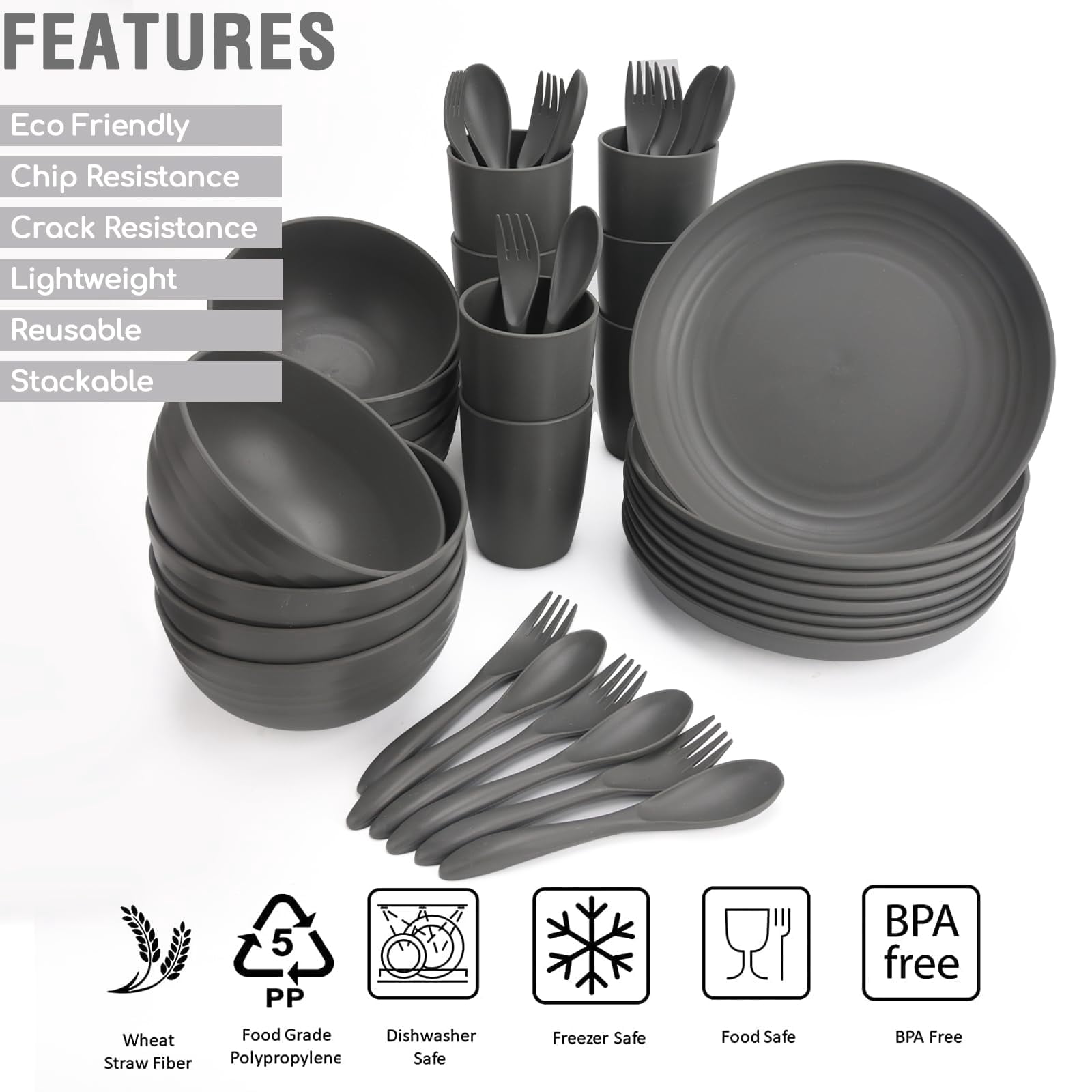 Loobuu Wheat Straw Dinnerware Sets for 8, 40 PCS Microwave Unbreakable Plates and Bowls Sets, Reusable Lightweight Tableware for Camping, Kitchen, RV, Dark Grey