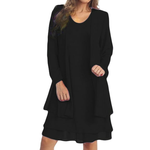 Lisingtool Summer Dresses for Women Sundresses for Women Women's Chiffon Stitching Long Sleeves In The Long Two Dress Set S-XXL