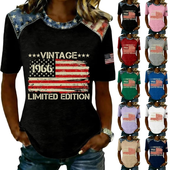 Youpwaven Women's Vintage 1966 Limited Edition T-Shirt, Patriotic American Flag Graphic Top, Independence Day Round Neck Short Sleeve Tee
