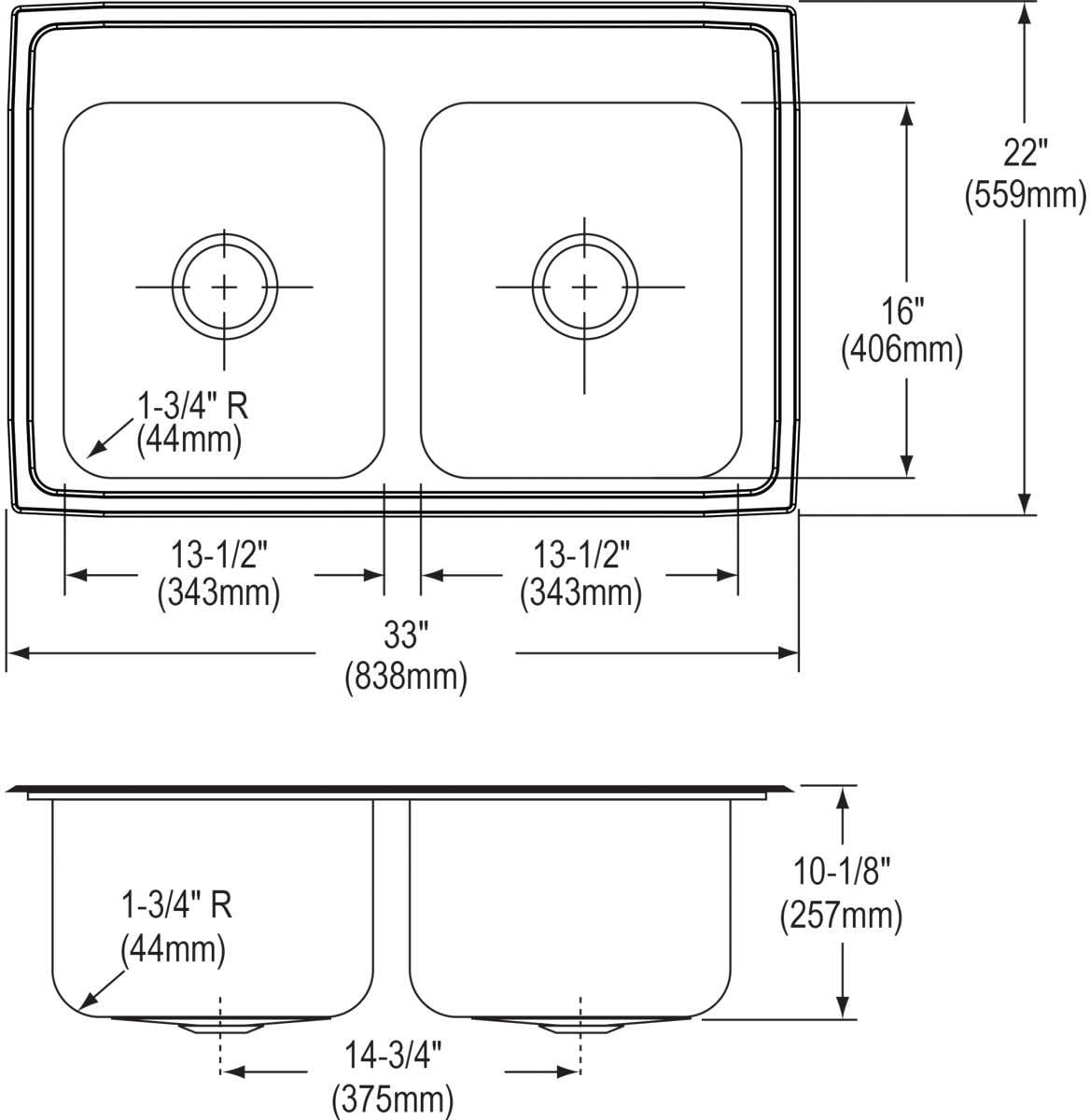 Elkay Lustertone Stainless Steel 33" x 22" x 10-1/8", Equal Double Bowl Top Mount Sink Lustertone