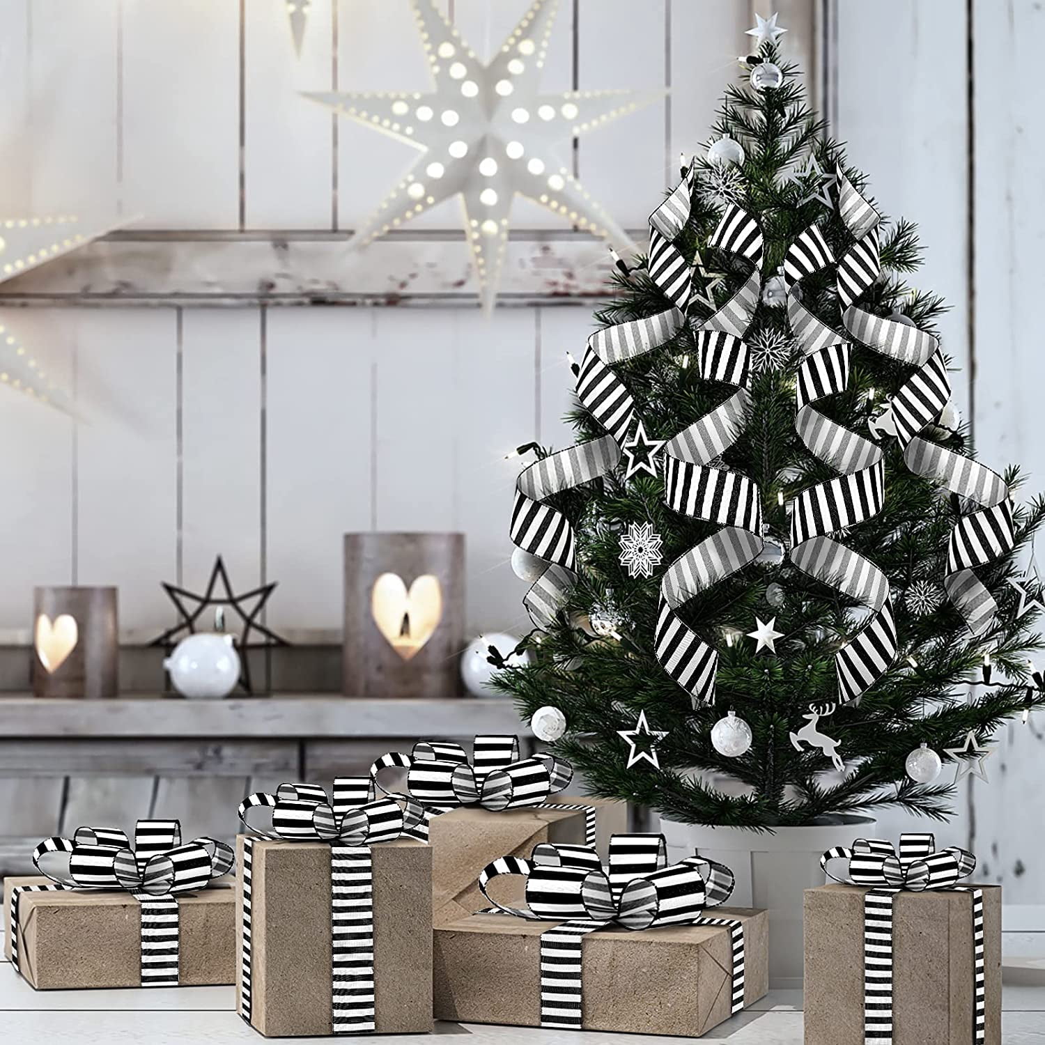 ABPETE 20 Yards 2 Rolls Black and White Ribbon Horizontal Striped Decorative Garland Ribbons Spiral Wired Ribbon for Christmas Tree Decor Xmas Wrapping DIY Crafts Decoration(Stripe,2.5 Inch Wide)