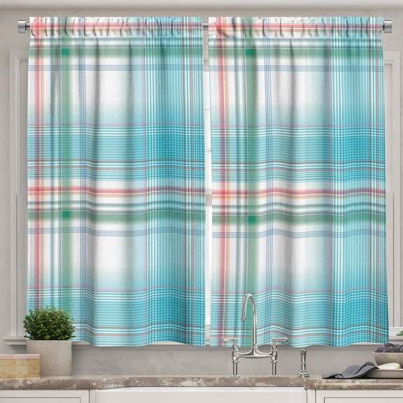 Ambesonne Checkered Kitchen Curtains, Pastel Fresh Summer, 55"x45", Aqua Turquoise Pink