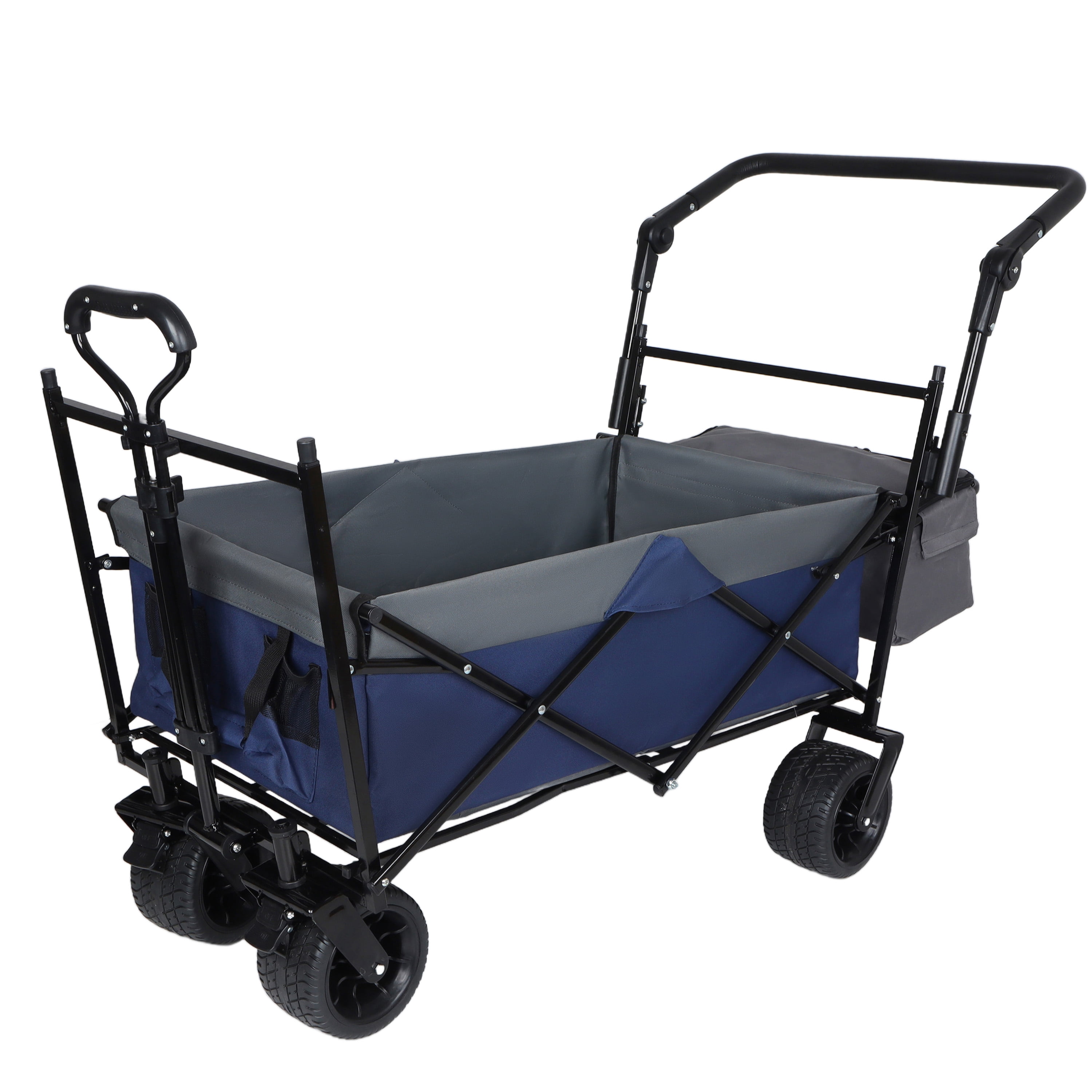 Collapsible Wagon with Push Handle & Canopy, Dark Blue, 480LBS Heavy-Duty Folding Cart, 7"×4" All-Terrain Wheels, Large Capacity Utility Wagon for Camping, Shopping, Garden