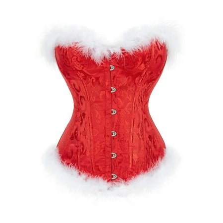 

Biekopu Christmas Ladies Corset Tops Women Flower Printing Feathers Splicing Front Buckle Back Tie Up Slim Shapewear Cosplay Costume
