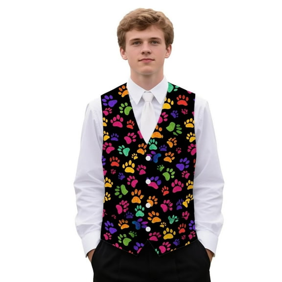 Yuyamidu Colorful Dog Paw Business Vests for Men Size L Lightweight Men's V-Neck Suit Vests Festival Vest Waistcoat with 3 Pockets