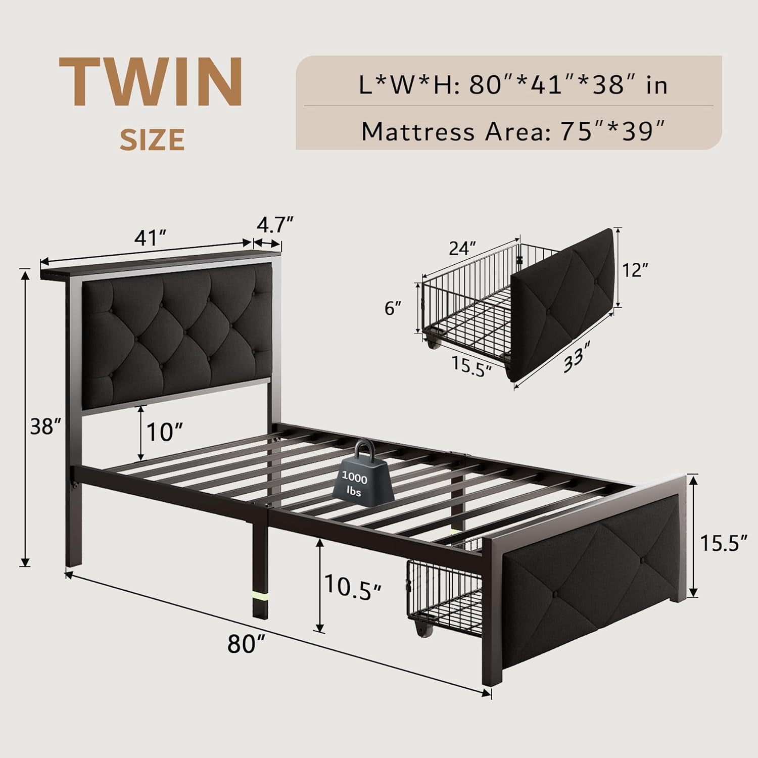 iPormis Twin Bed Frame with Storage Drawers, Linen Upholstered Headboard Platform Bed with Charging Station, No Box Spring Needed, Metal Slats Support, Noise-Free, Easy Assembly,Black