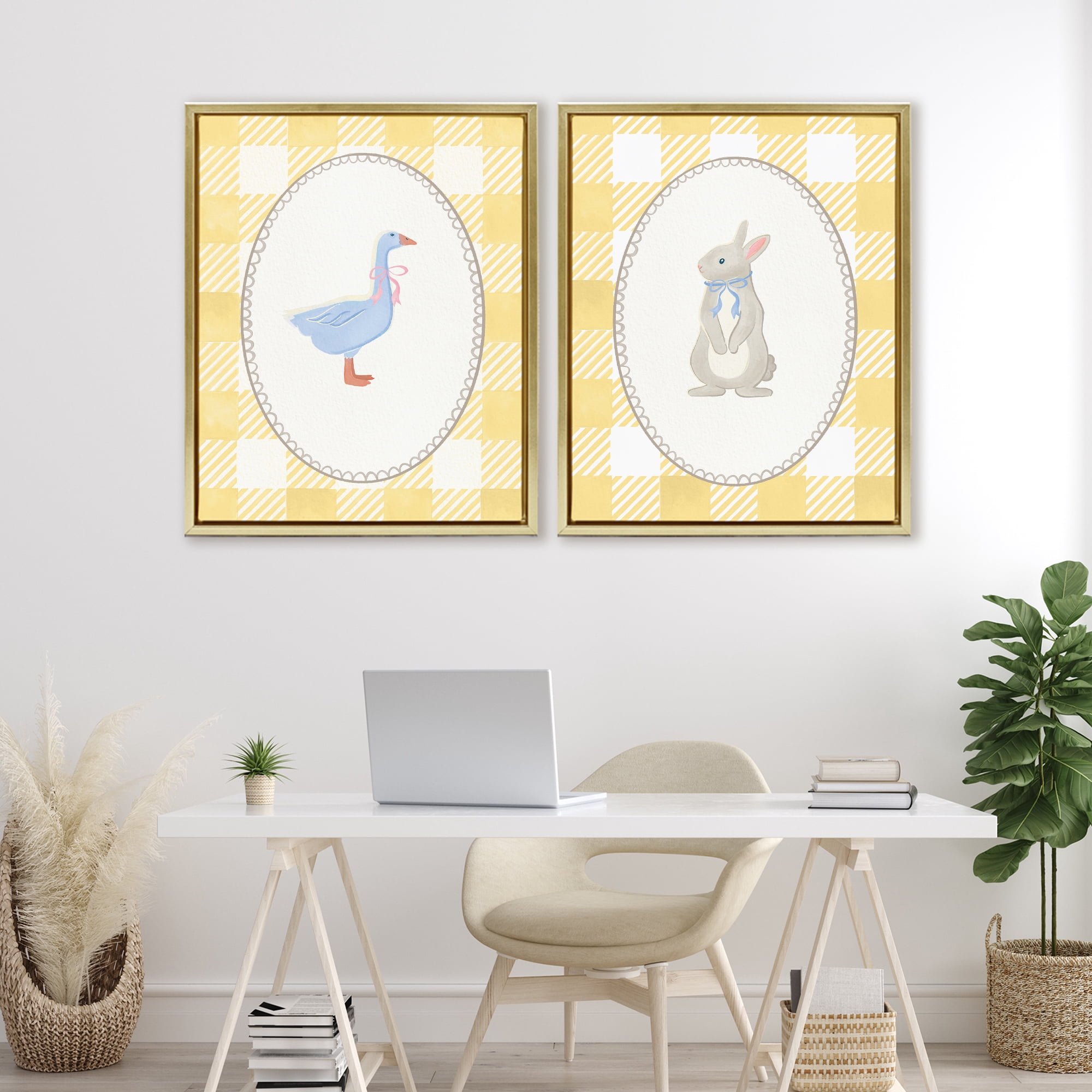 Stupell Industries Goose & Bunny Yellow Gingham 2 Piece Gold Framed Floater Canvas Set, design by The Paper Curator
