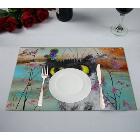 Tj Maxx Placemats YKCG Funny Cat Floral Flower Butterfly Cute Kitten Autumn Tree Lake Placemats Size 12x18 inches,Set of 2 ()