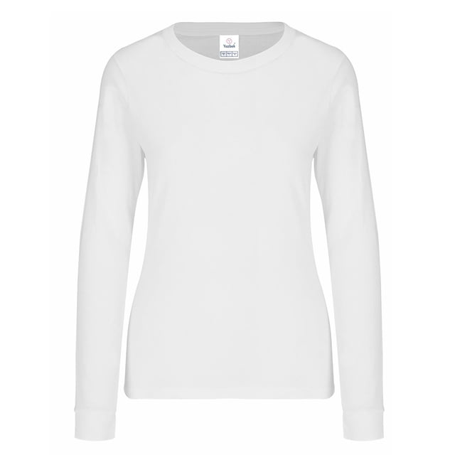 playera cuello redondo manga larga con silueta para dama · 100% algodón · color blanco Vista frontal centrada de playera blanca de manga larga para dama con corte entallado, cuello redondo acanalado y puños acanalados, tejido chifón liso y dobladillo recto; etiqueta Yazbek. Adecuada para serigrafía y bordado; peso 195 g.
