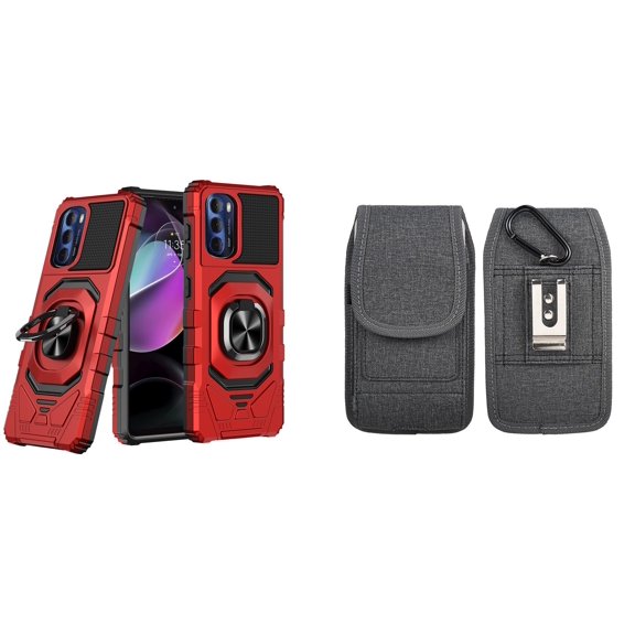 Case with Belt Holster Bundle for Moto G Stylus 5G 2022: Heavy Duty Shield Cover (Red) and Vertical Phone Pouch Nylon Fabric (Grey)