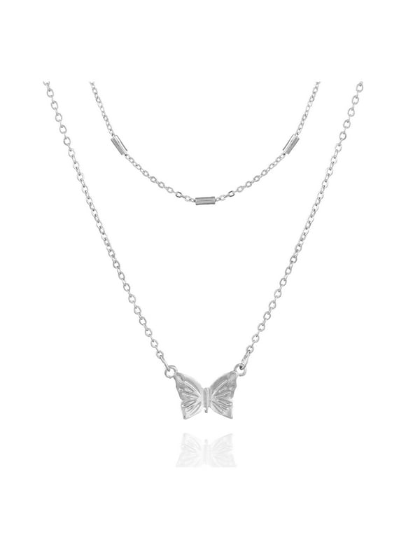 Time and Tru Women's Silver Tone Layered Butterfly Necklace Set, 2-Piece