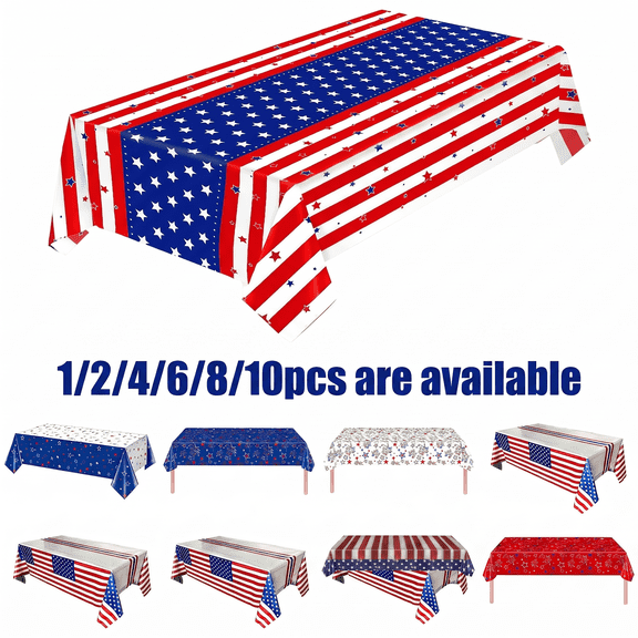 Chmadoxn 4th of July Patriotic American Flag Plastic Tablecloth, 54 x 108 Inch Rectangular Table Cover for Independence Day, Memorial Day, BBQ Party, Red White & Blue