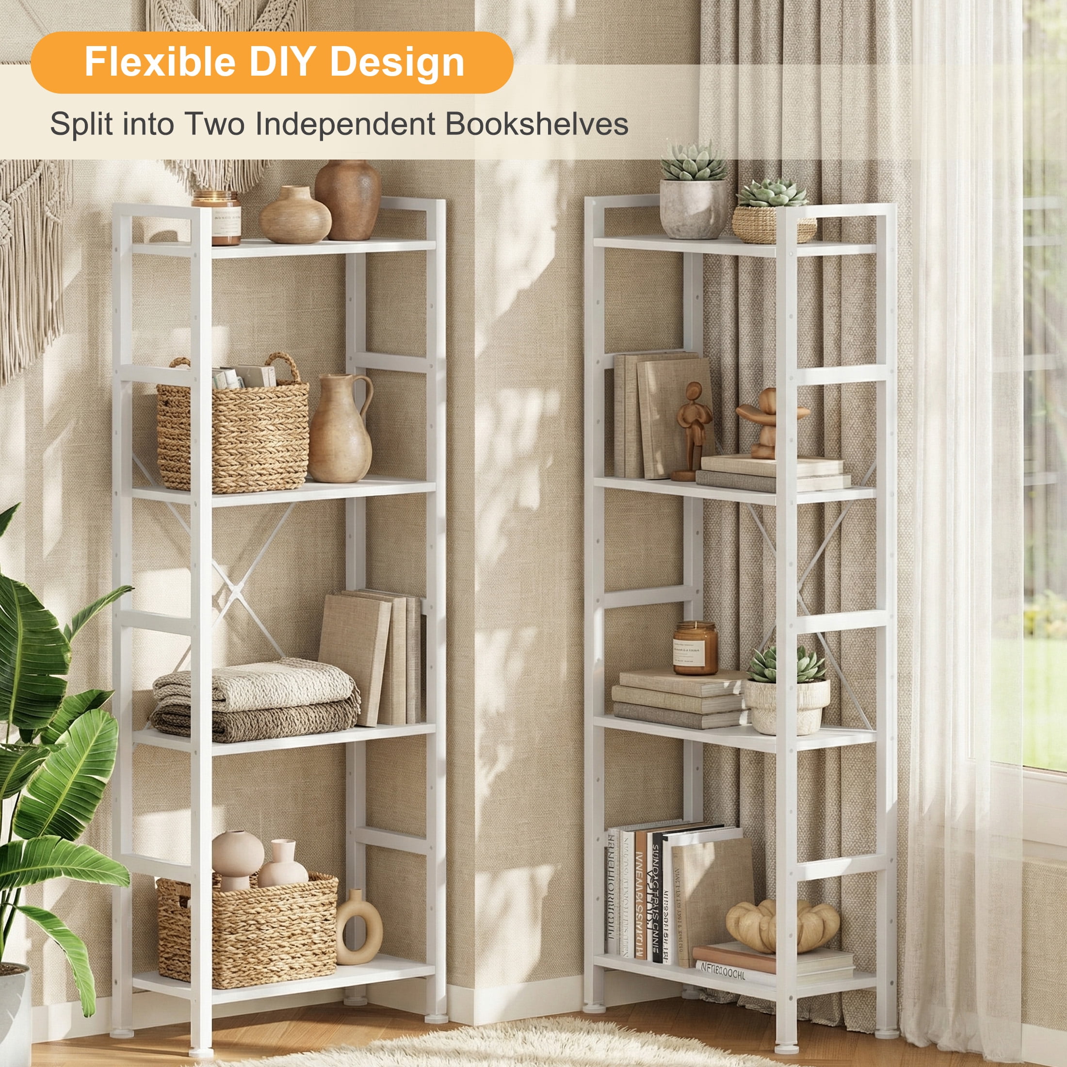 EDX Triple 4 Tier Bookshelf Storage Shelf, Modern Freestanding Bookcase with Metal Frame, Open Display Shelves, Space Saving Storage Organizer, White