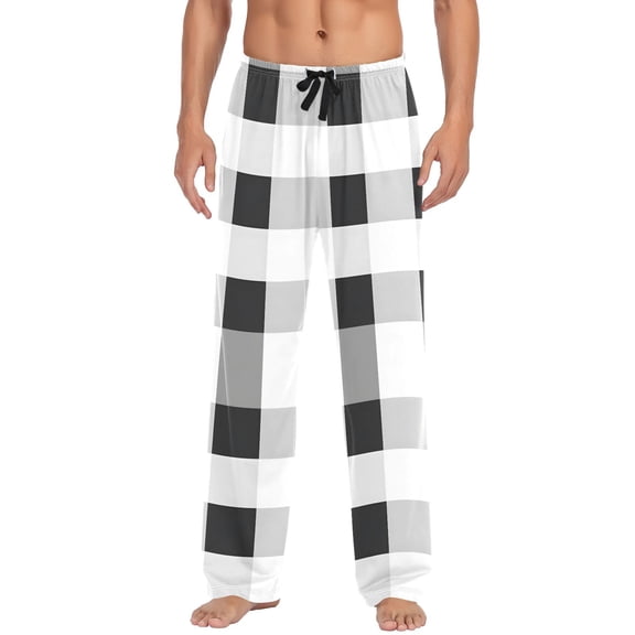 Black Grey White Checkered Pattern Men's Pajama Pants Cotton Long Sleepwear Lounge Pants L