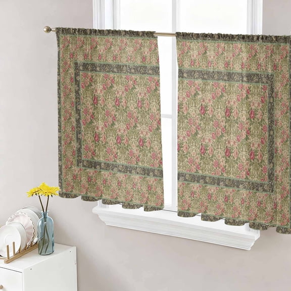 Sage Green Boho Sheer Curtains 45 Inch Length 2 Panels Set Window Treatments, Vintage Ethnic Tribe Abstract Art Floral Rod Pocket Semi Curtains for Living Room/Bedroom/Kitchen Décor, 104"W x 45"L