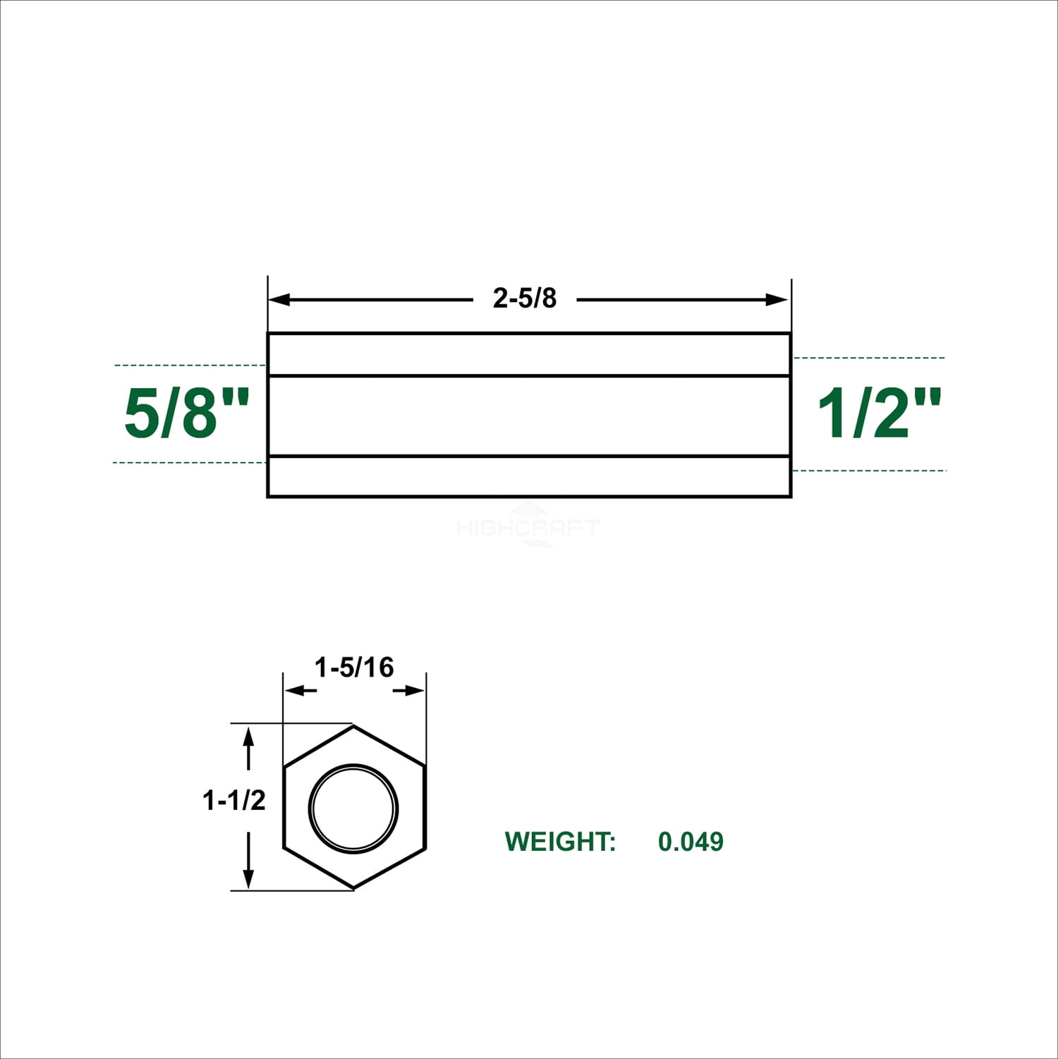 Highcraft 5/8" X 1/2" X 2-5/8" Reducing Rod Coupling Nuts, Zinc Plated, 80 Pk