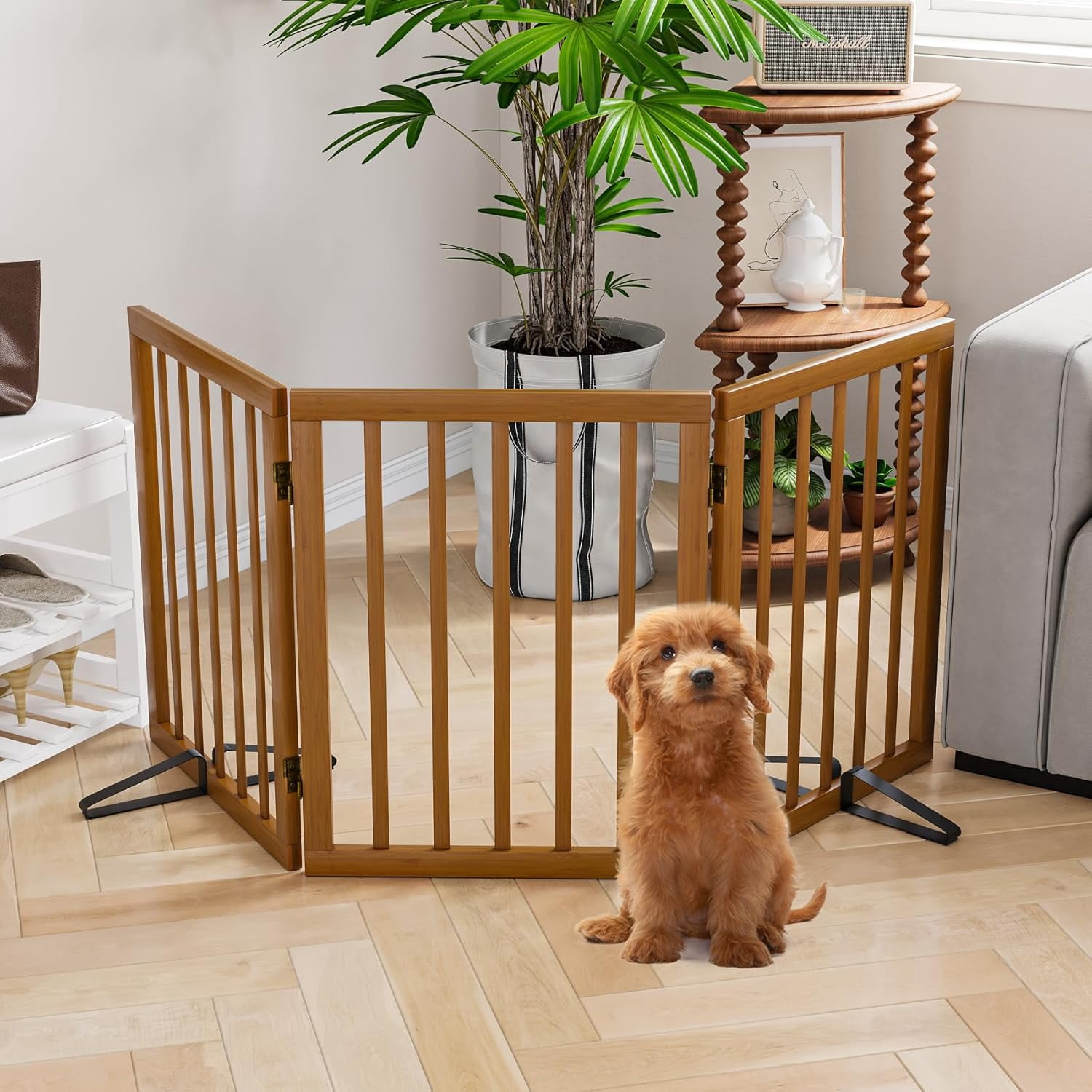 Semiocthome Freestanding Dog Gate 24“Tall, Walnut Foldable Dog Gates for Doorways Stairs Indoor, Wooden 3 Panels Pet Gates for Dogs with 2 Metals Stands, Fully Assembled Door Gates Fences