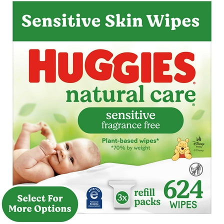 Huggies Natural Care Sensitive Baby Wipes, Unscented, 3 Refills, 624 Total Count (Select for More)