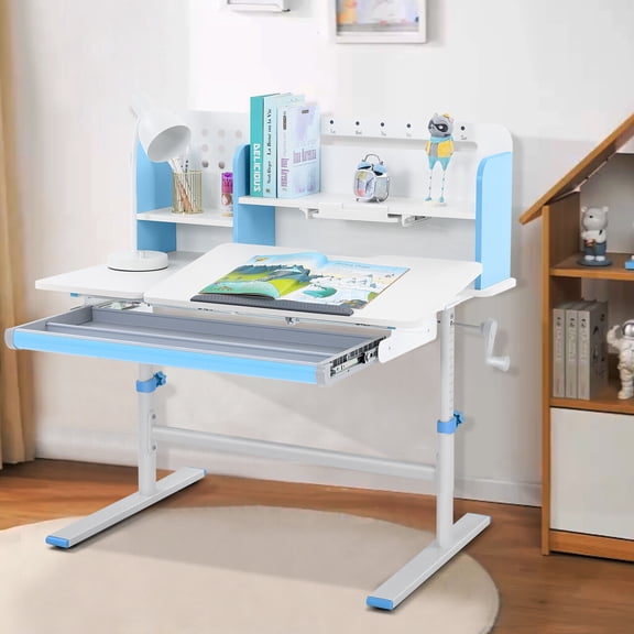 39" Wide Adjustable Height Kids Desk Study Child Table with Tilting Desktop, Steel Frame, Drawer, Bookshelf Hutch (Blue)