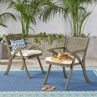Skye Outdoor Acacia Wood Dining Chair with Cushions, Set of 2, Gray, Crème