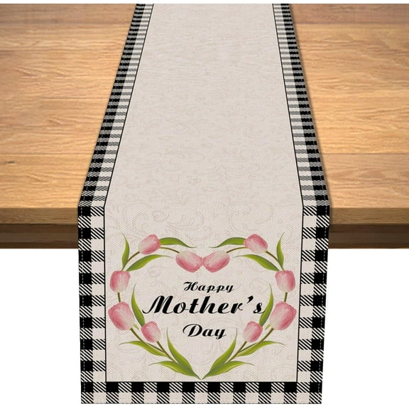 Happy Mother''s Day Table Runner Pink Flower Floral Tulip Kitchen Dining Table Decoration Buffalo Plaid Table Cover Linen Covering Desk Flag for Wedding Home Kitchen Holiday Party Daily Decor
