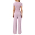 thumbnail image 3 of Conjuntos de pijama para mujer INSPIRE CHIC, camiseta de manga corta de punto, pantalones anchos de pierna larga con volantes, atuendos de 2 piezas, conjuntos de lounge PJ, XS, rosa, 3 of 6