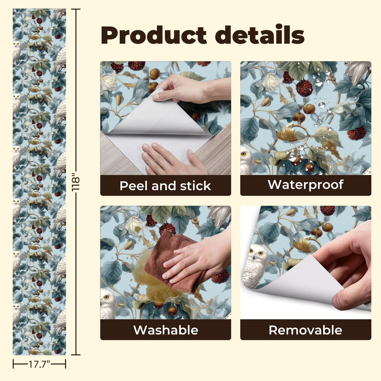 Peel and Stick Wallpaper Snowy Owl perched among foliage vibrant berries Wall Mural 17.7in x 9.8ft Self Adhesive Removable Wall Paper Renter Friendly Wallpaper for Nursery Bedroom Cabinets